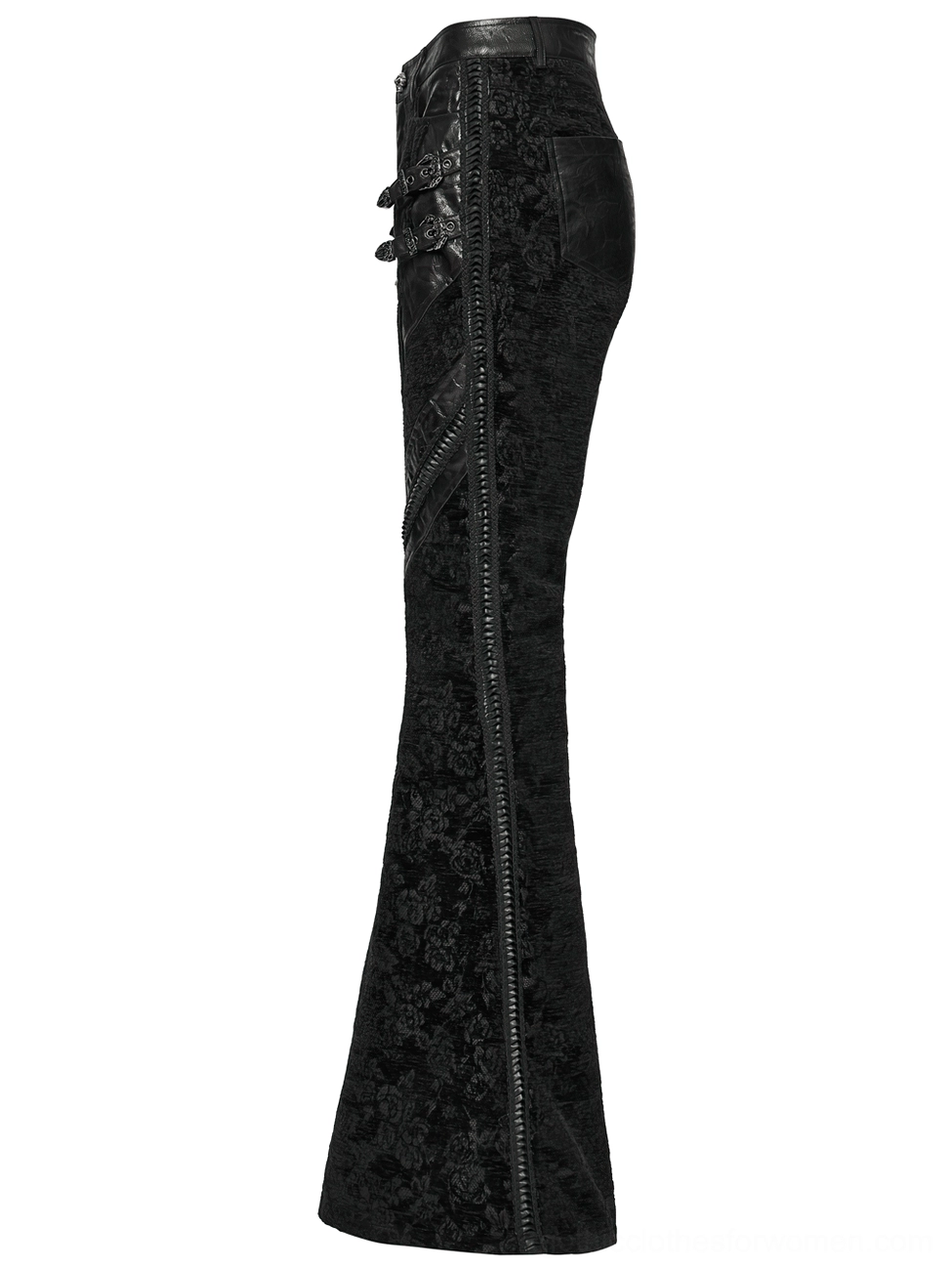 Black gothic trousers side view flat lay - vertical side zipper, dark floral jacquard weave, faux leather trim