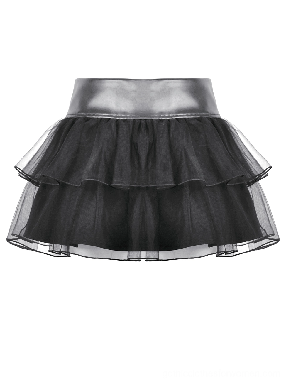 Black gothic tulle mini skirt flat lay front view featuring solid faux leather waistband and ruffled tulle layers