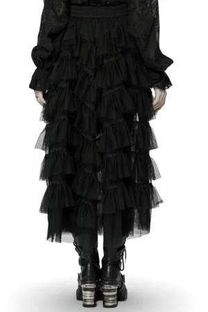 Full length back view of black gothic tiered tulle ruffle skirt with layered mesh construction
