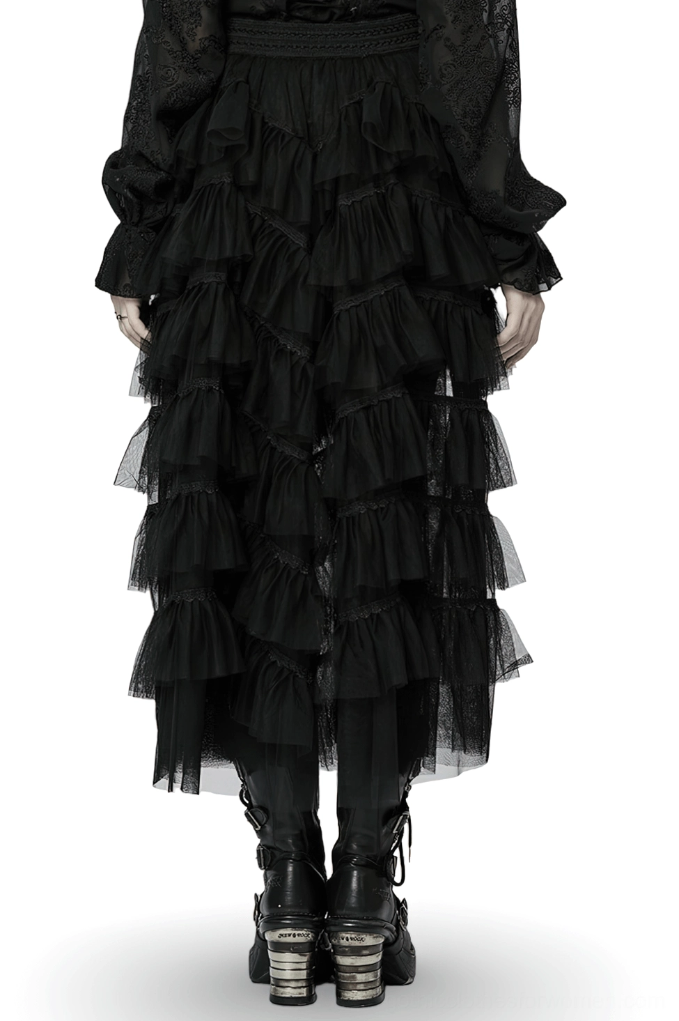 Full length back view of black gothic tiered tulle ruffle skirt with layered mesh construction