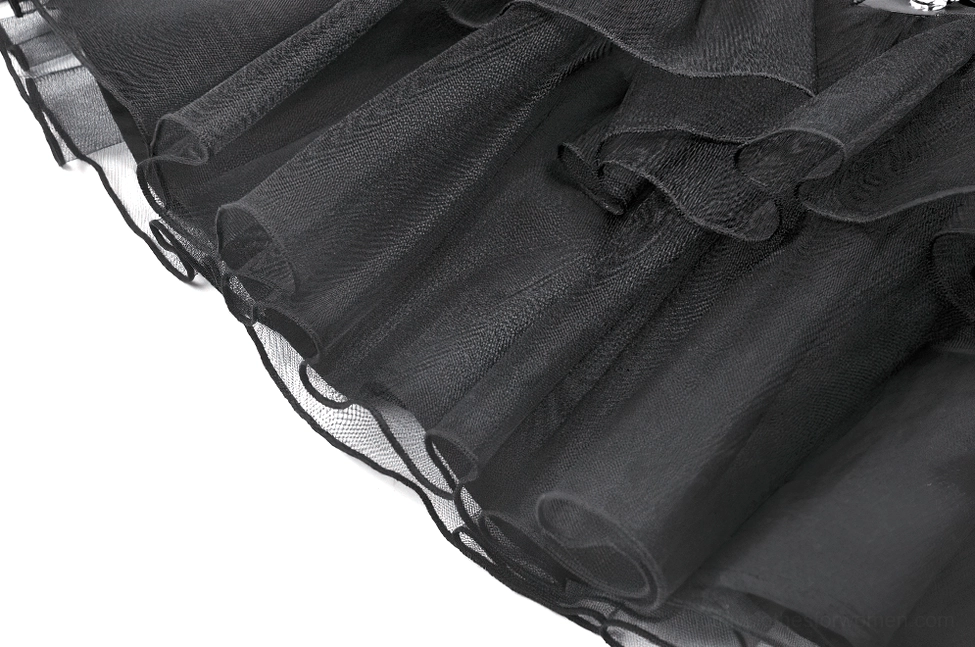 Black gothic mini skirt product detail showing tulle texture and harness strap construction from alternative fashion perspective