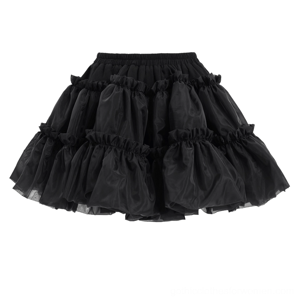 Flat lay front view of black tiered ruffled tulle skirt displaying smooth fabric layers and elastic waistband construction
