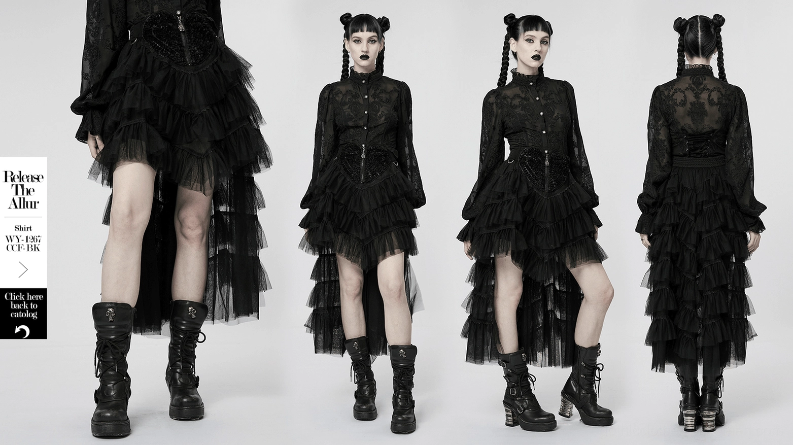 Black gothic tiered tulle ruffle skirt flat lay showing full mesh construction and waistband