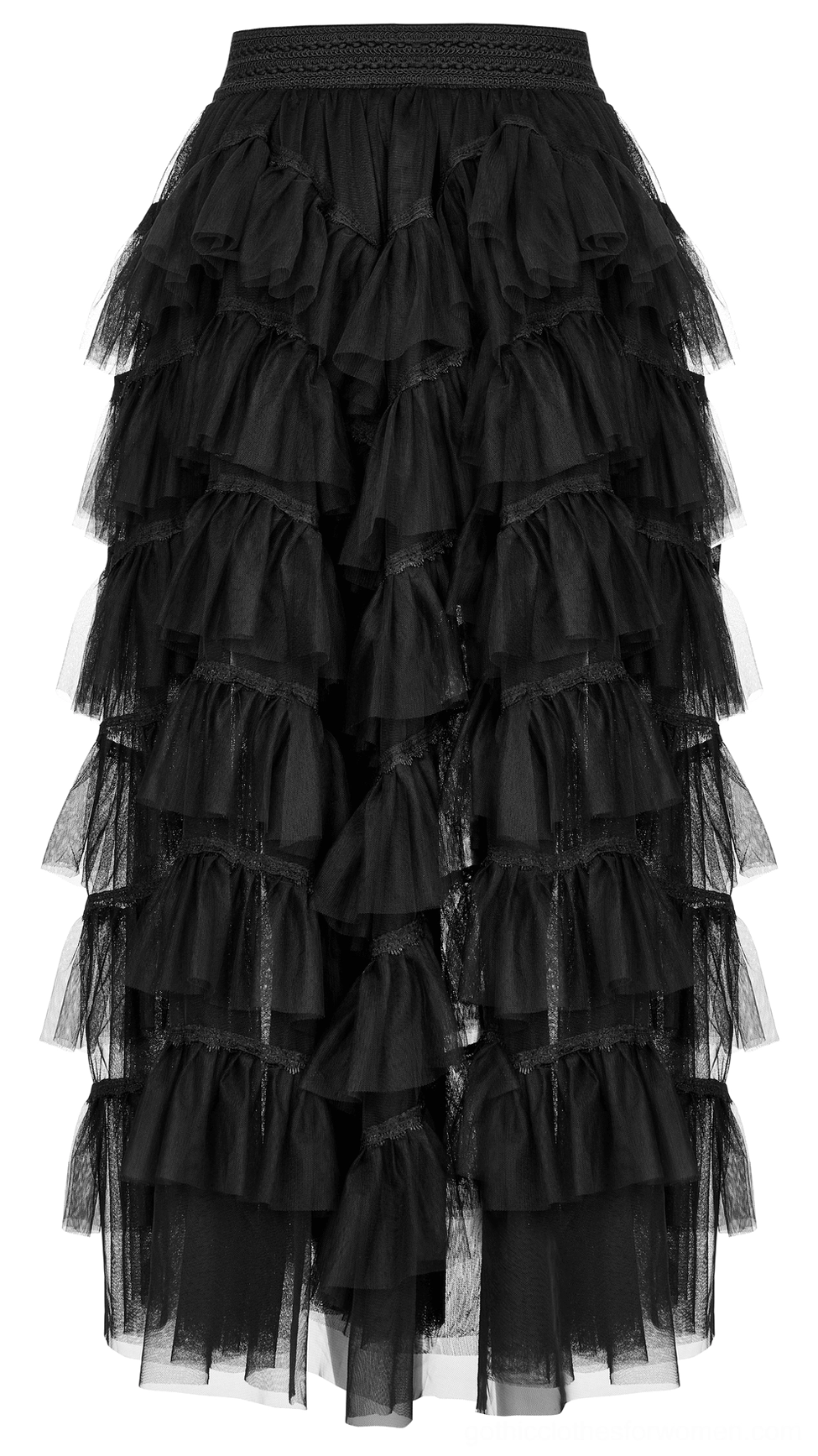 Black gothic tiered tulle skirt front flat lay full length uniform layered ruffle mesh construction