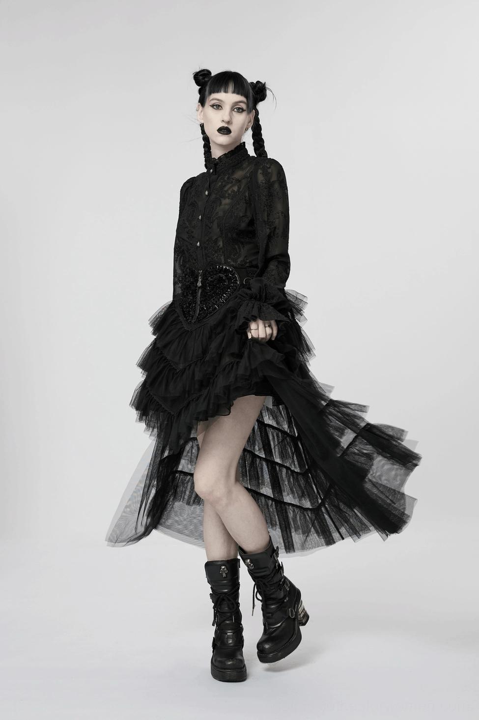 Black gothic tiered tulle skirt detail showing mesh layers and delicate tulle fabric texture