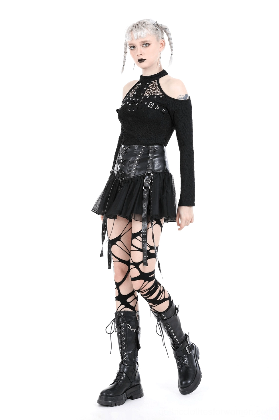 Detailed view of black gothic tulle skirt showing mesh quality, studded accents, and overall aesthetic appeal
