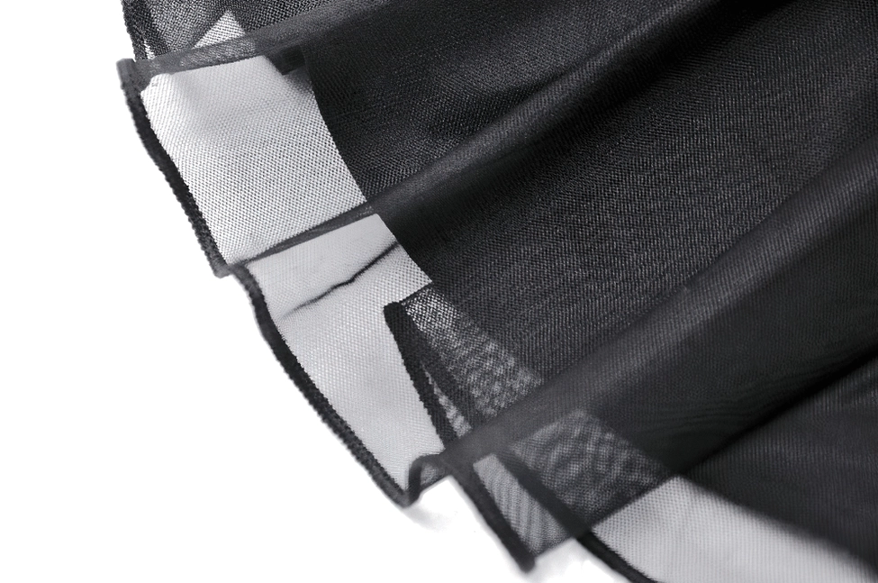 Product presentation of black lace-up gothic tulle skirt showing texture and mesh ruffle details
