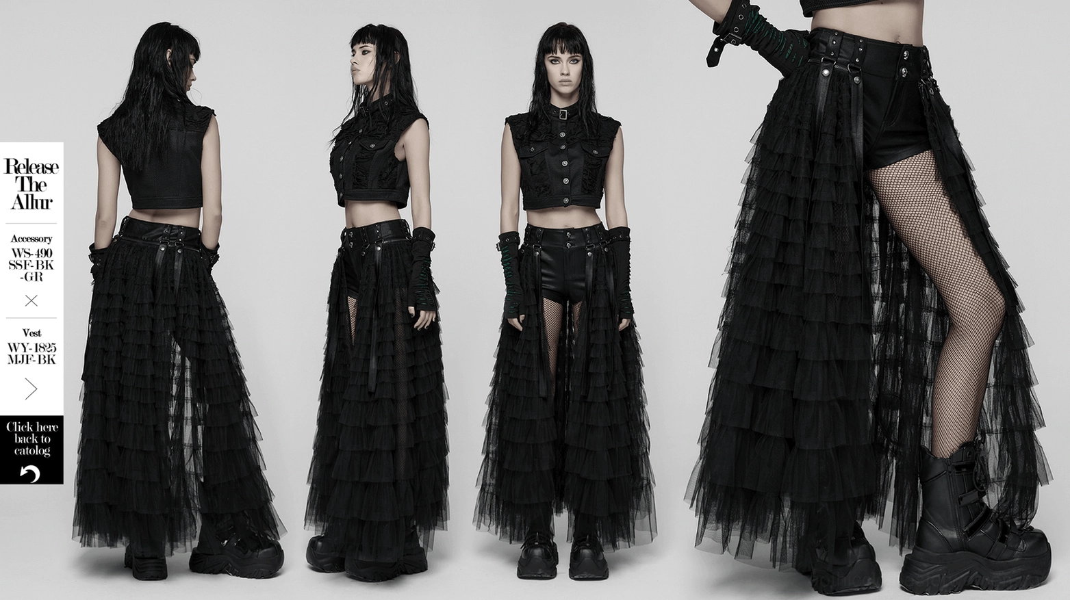 Complete black gothic layered tulle skirt-shorts set with detachable ribbons and studded punk metal accents