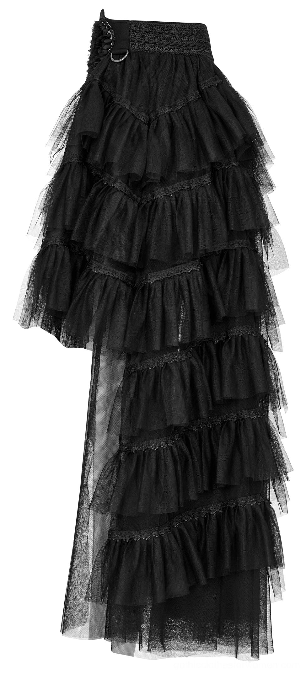 Side view flat lay of black gothic tiered tulle skirt with asymmetrical high-low hem and d-ring detail