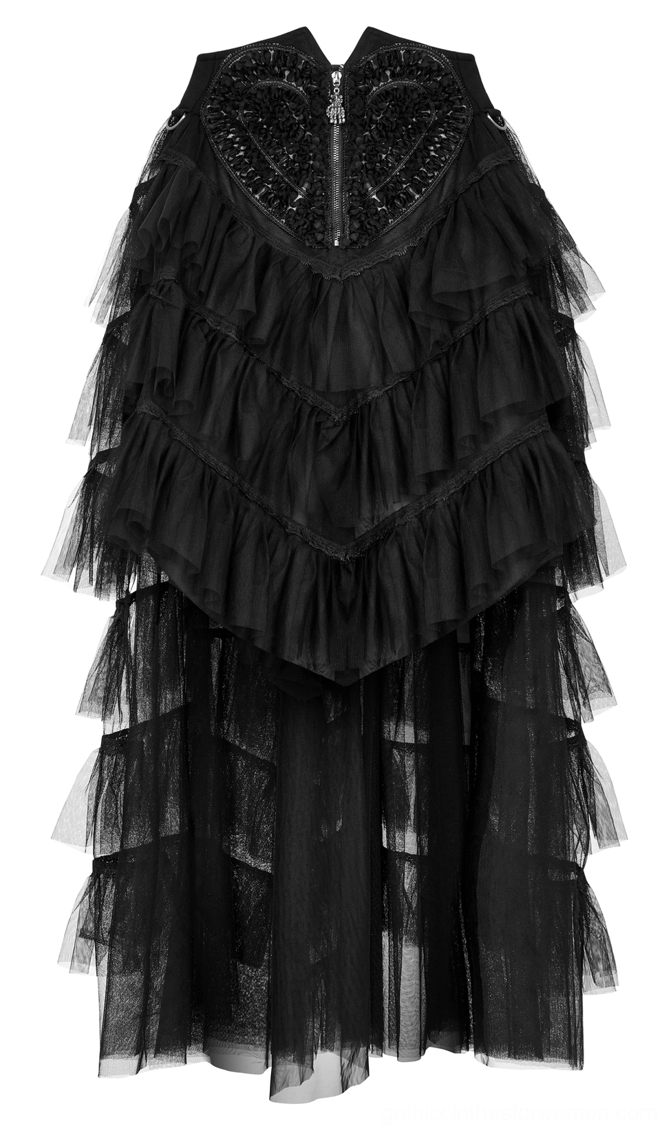 Black gothic tulle skirt front view flat lay showing skeleton hand shaped zipper closure detail