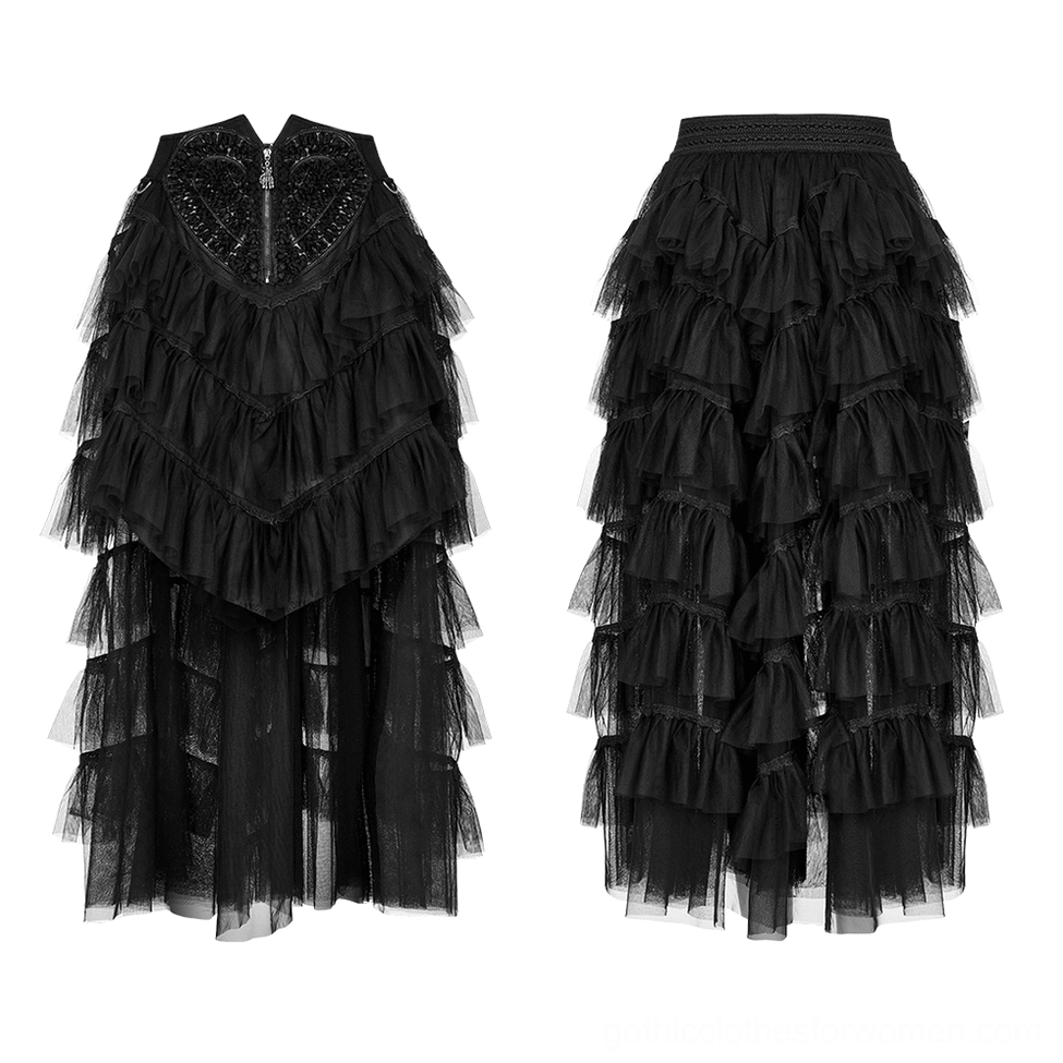 Black gothic tiered tulle skirt with skeleton hand zipper front flat lay asymmetrical hem