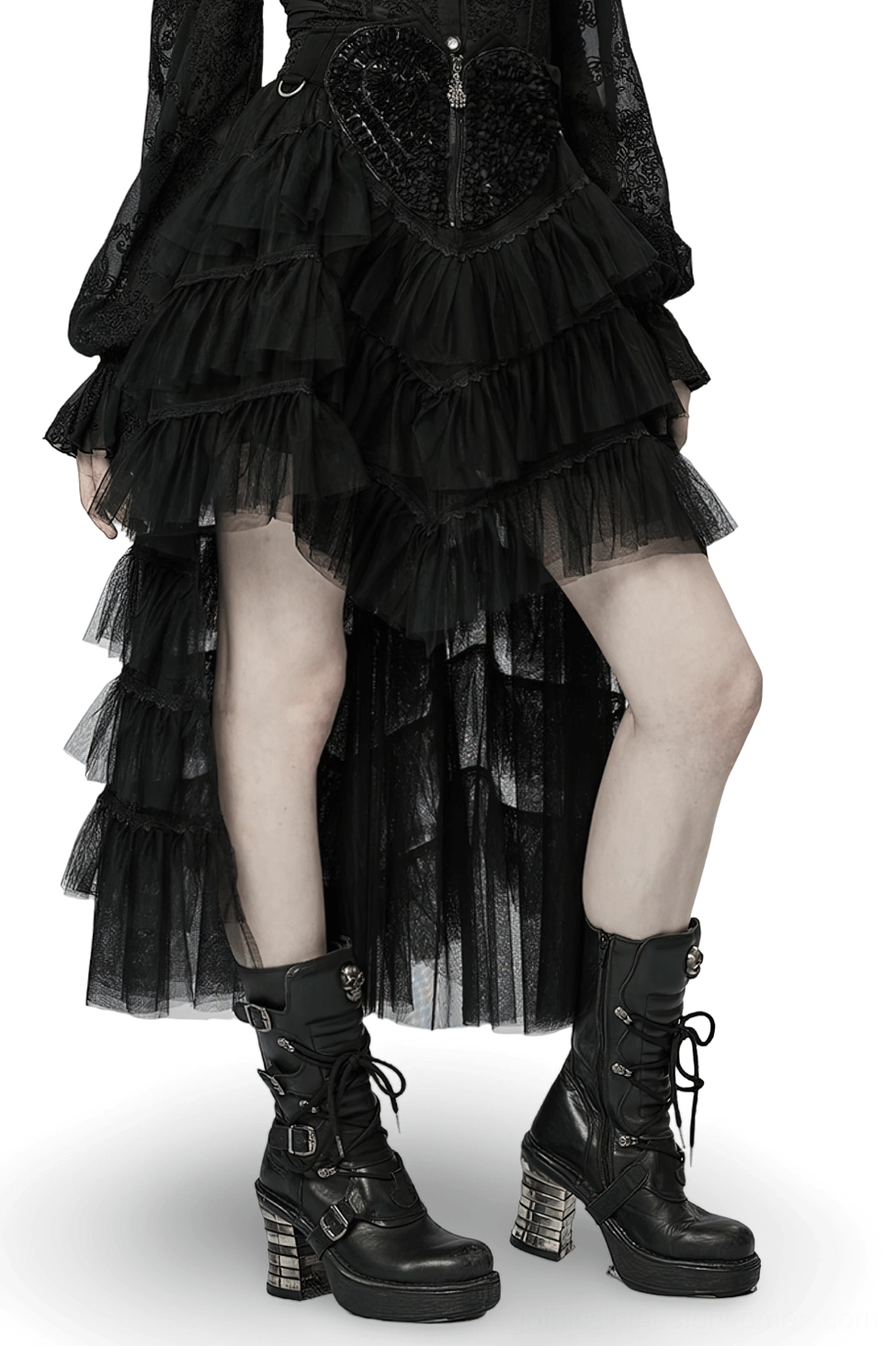 Black gothic tiered tulle ruffle skirt with skeleton hand zipper front three-quarter view on model