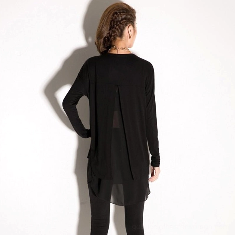 Black gothic chiffon long sleeve tunic top back view on model, split back panel detail, high-low hem, asymmetrical design