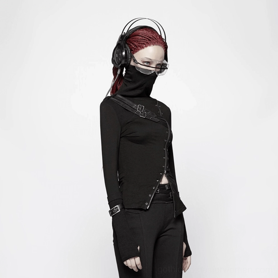 Black gothic turtleneck top with convertible high neck and zipper closure
