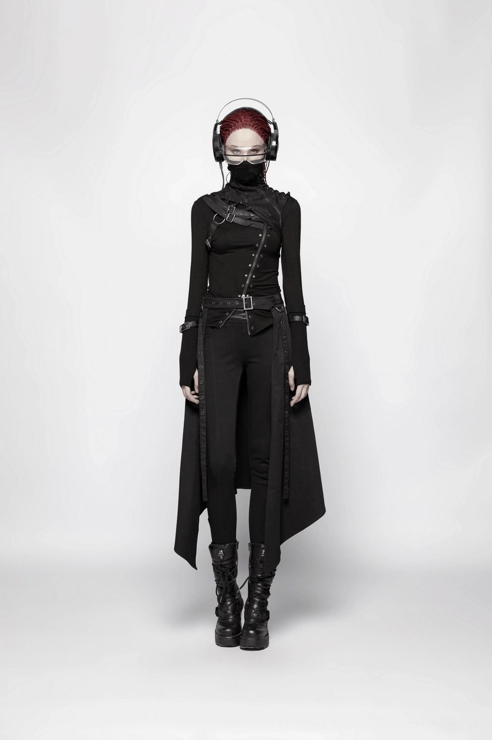 Black gothic turtleneck top with faux leather accents and industrial hardware