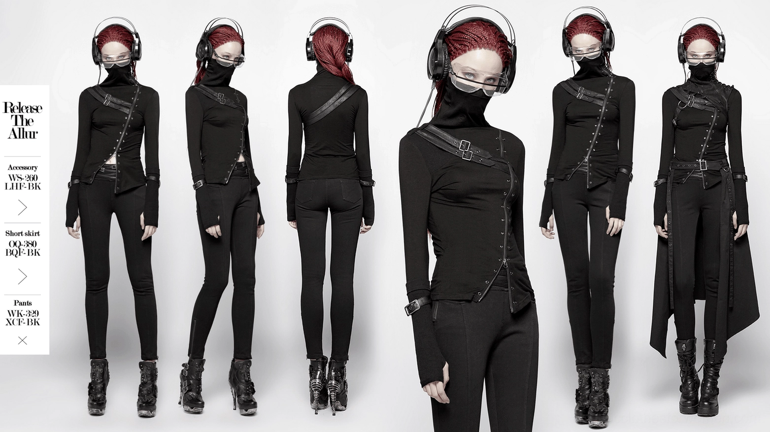Black gothic long sleeve turtleneck top showing asymmetrical design and buckle straps