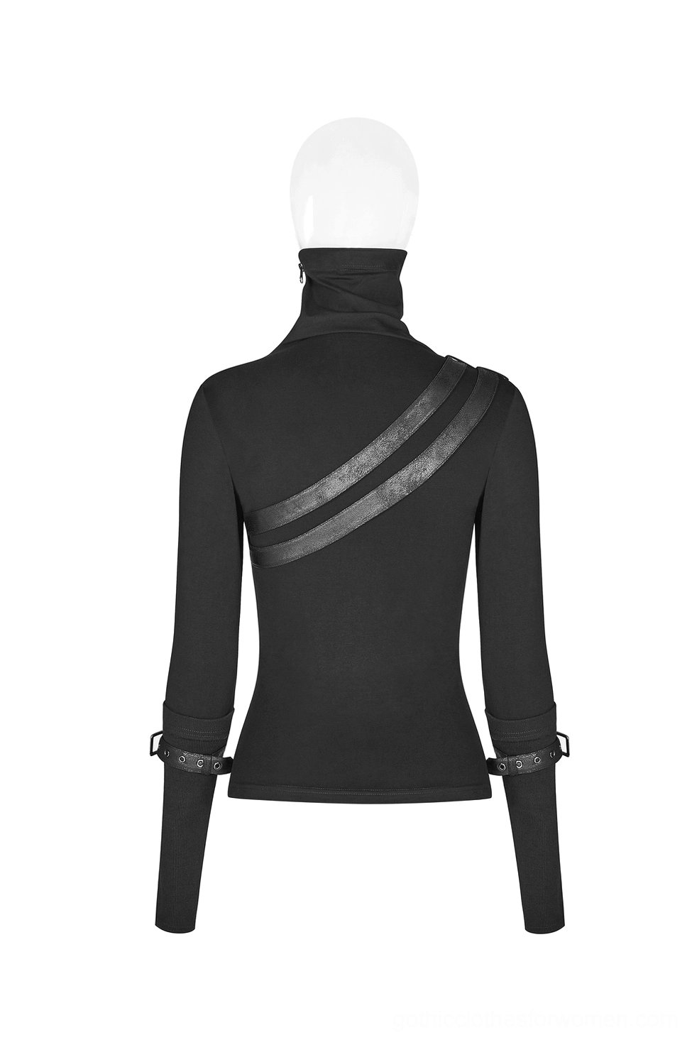 Black gothic turtleneck with faux leather shoulder straps rear view dress form