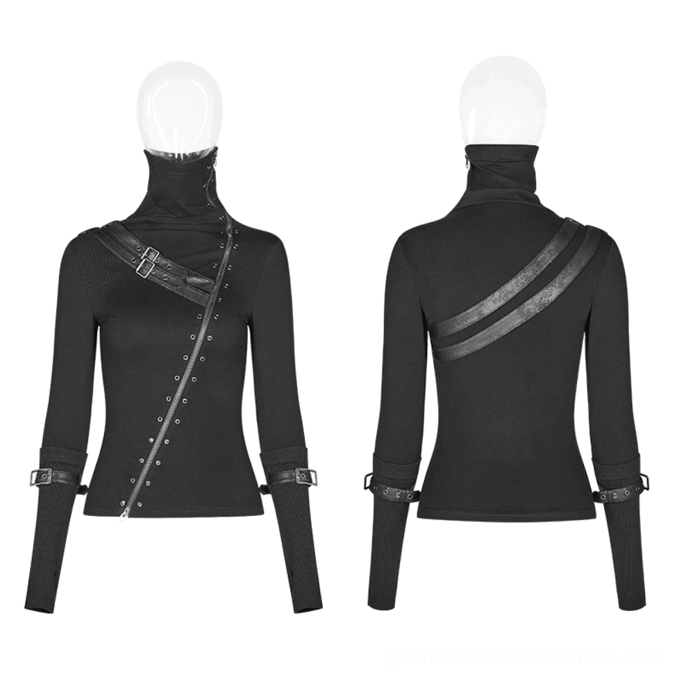 Black gothic turtleneck metal buckle top front and back view on dress form