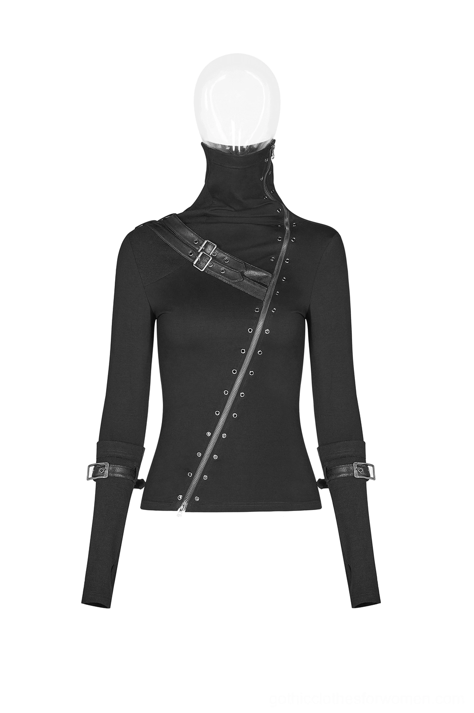 Black gothic long sleeve turtleneck top slim fit front view on dress form