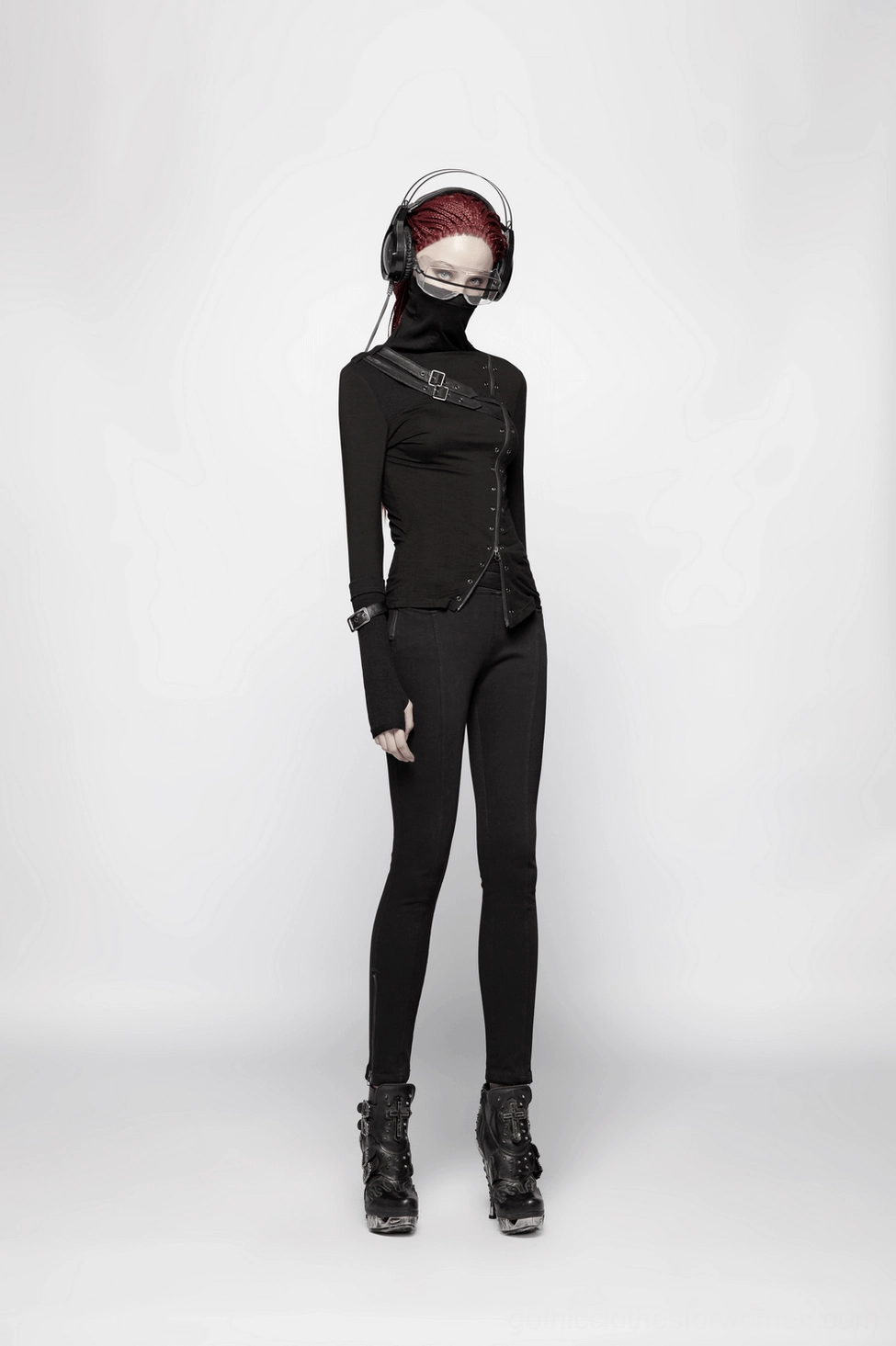 Black gothic turtleneck zipper metal buckle top overall garment view