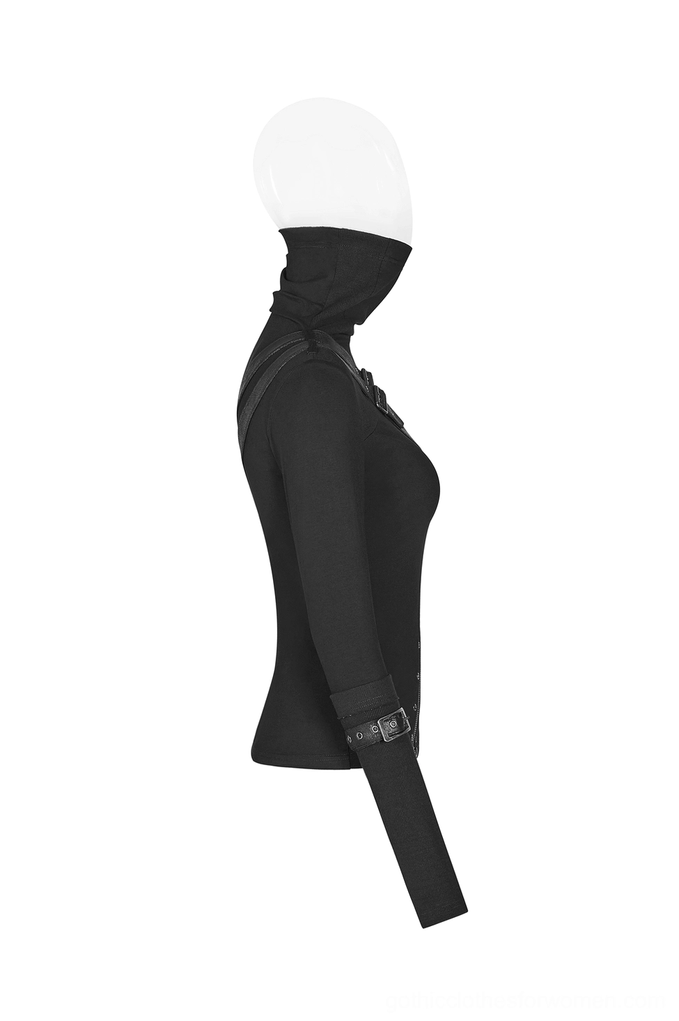 Black gothic turtleneck zipper top with buckle straps side profile view