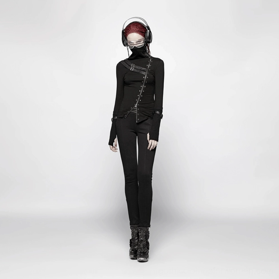 Black gothic long sleeve turtleneck top slim fitted silhouette and strap details