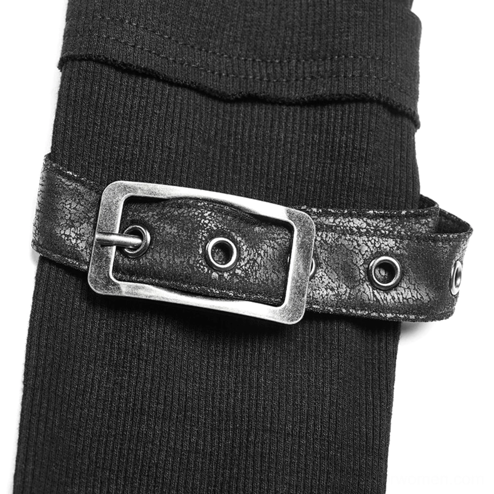 Close-up detail of wrist buckle strap on black gothic turtleneck top