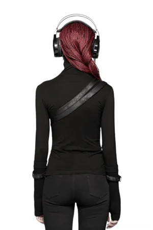 Black gothic long sleeve turtleneck with shoulder straps rear view on model with red braids