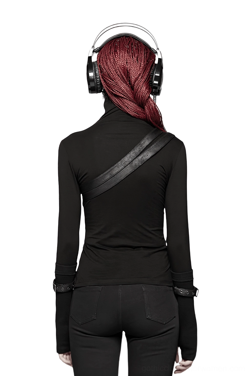 Black gothic long sleeve turtleneck with shoulder straps rear view on model with red braids