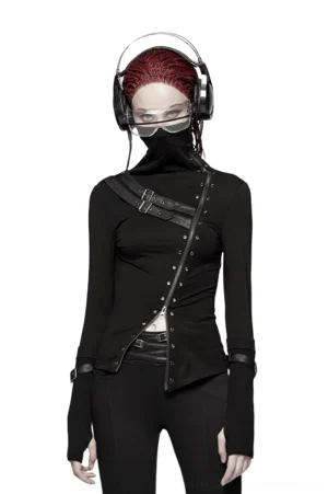 Black gothic turtleneck zipper top with metal buckle straps front full-body view on model with red braids