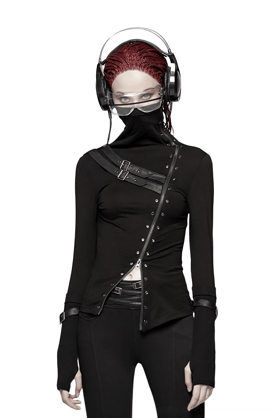 Black gothic turtleneck zipper top with metal buckle straps front full-body view on model with red braids