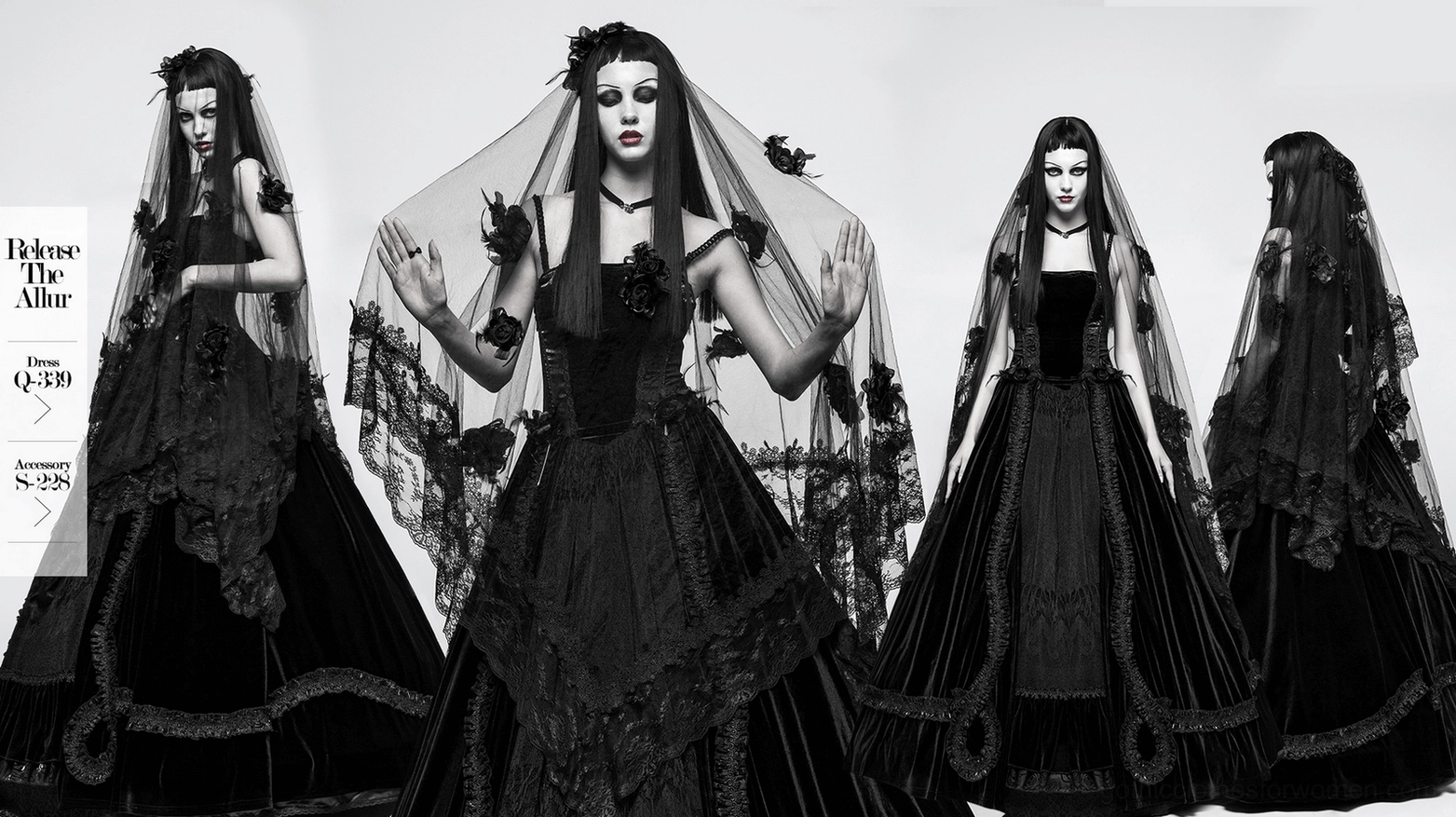 Black gothic lace wedding veil with feathered rose details and intricate lace work for alternative brides