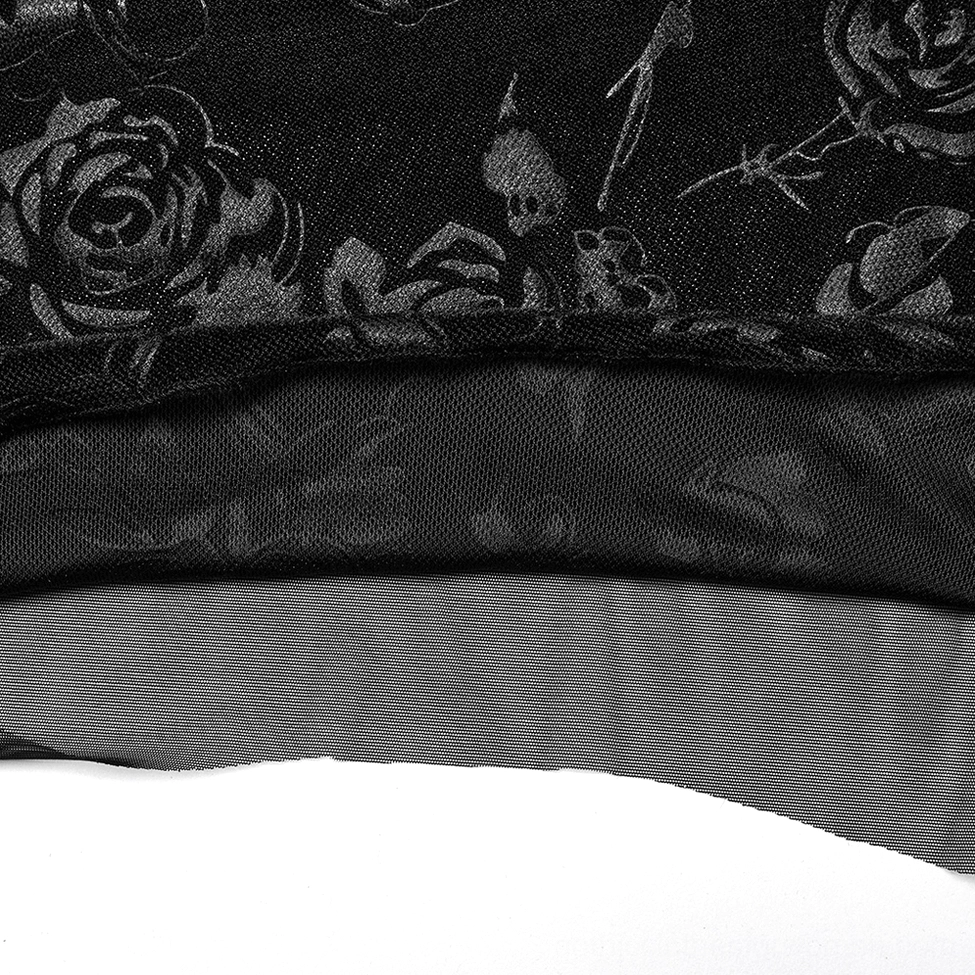 Black velvet rose floral gothic asymmetrical dress full-length front view on mannequin, complete styling presentation