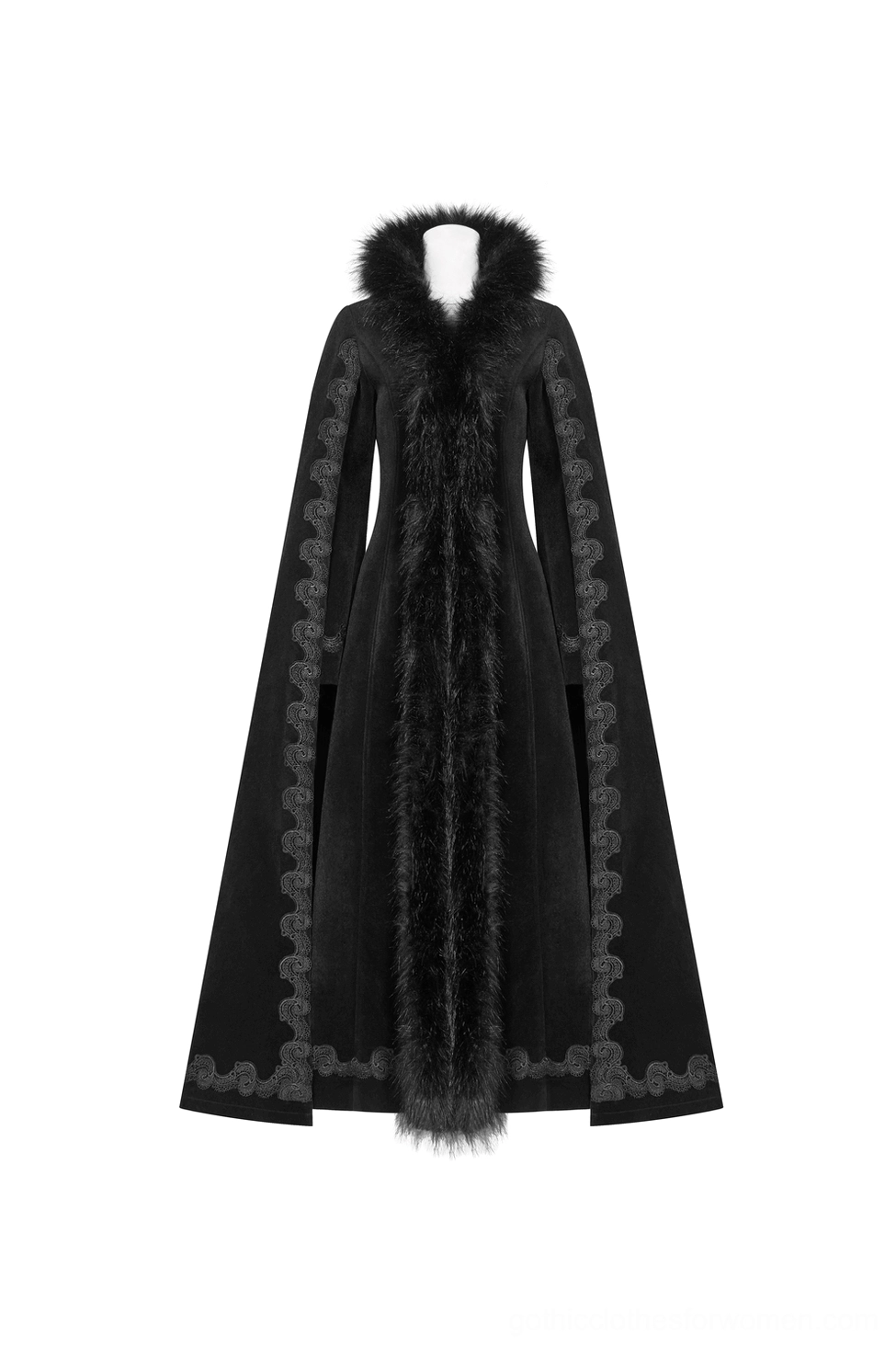 Black gothic velvet coat full front flat display with detailed faux fur panels and embroidered edges