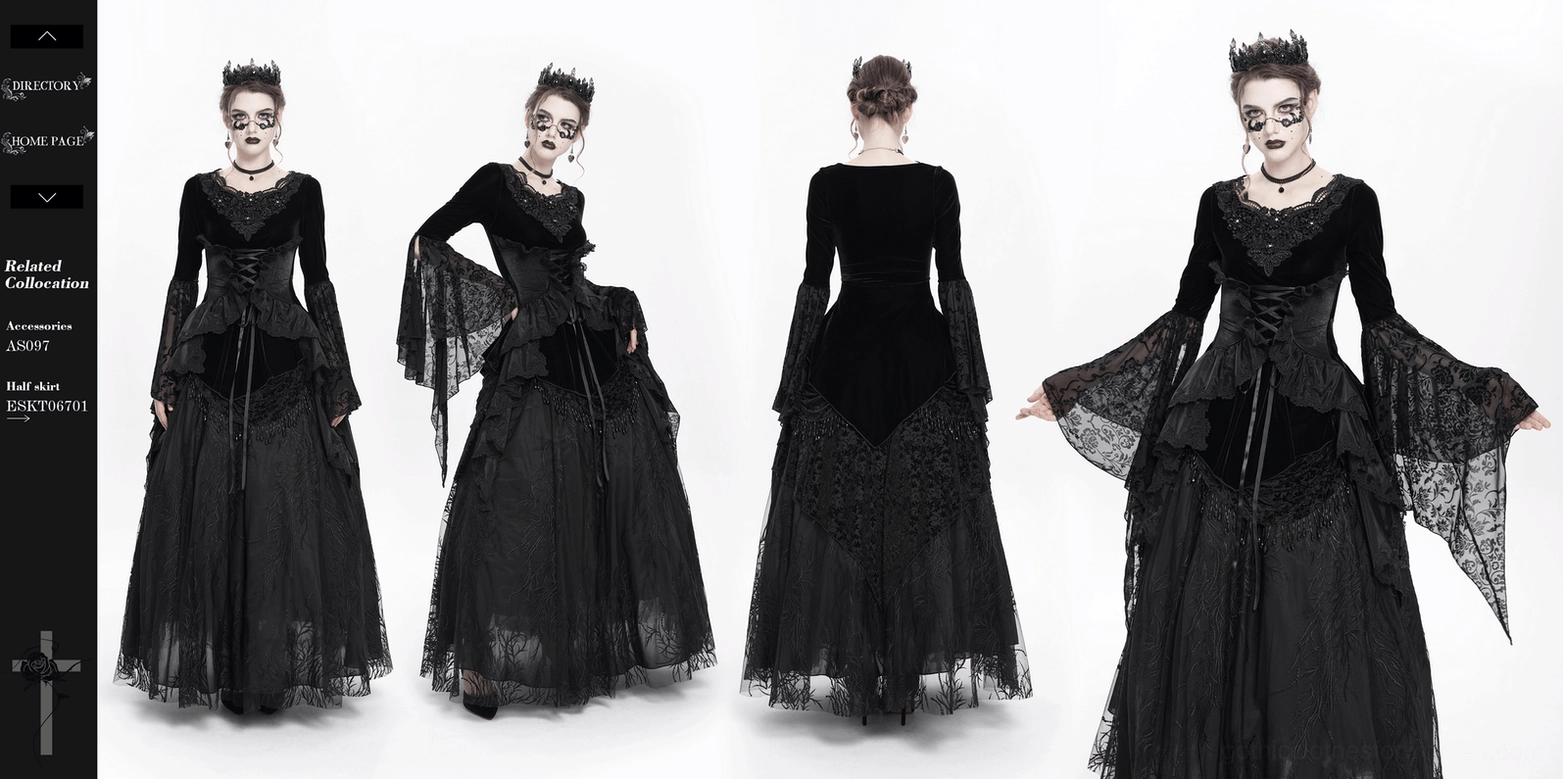 Black velvet gothic corset lace top with dramatic bell sleeves and beaded details