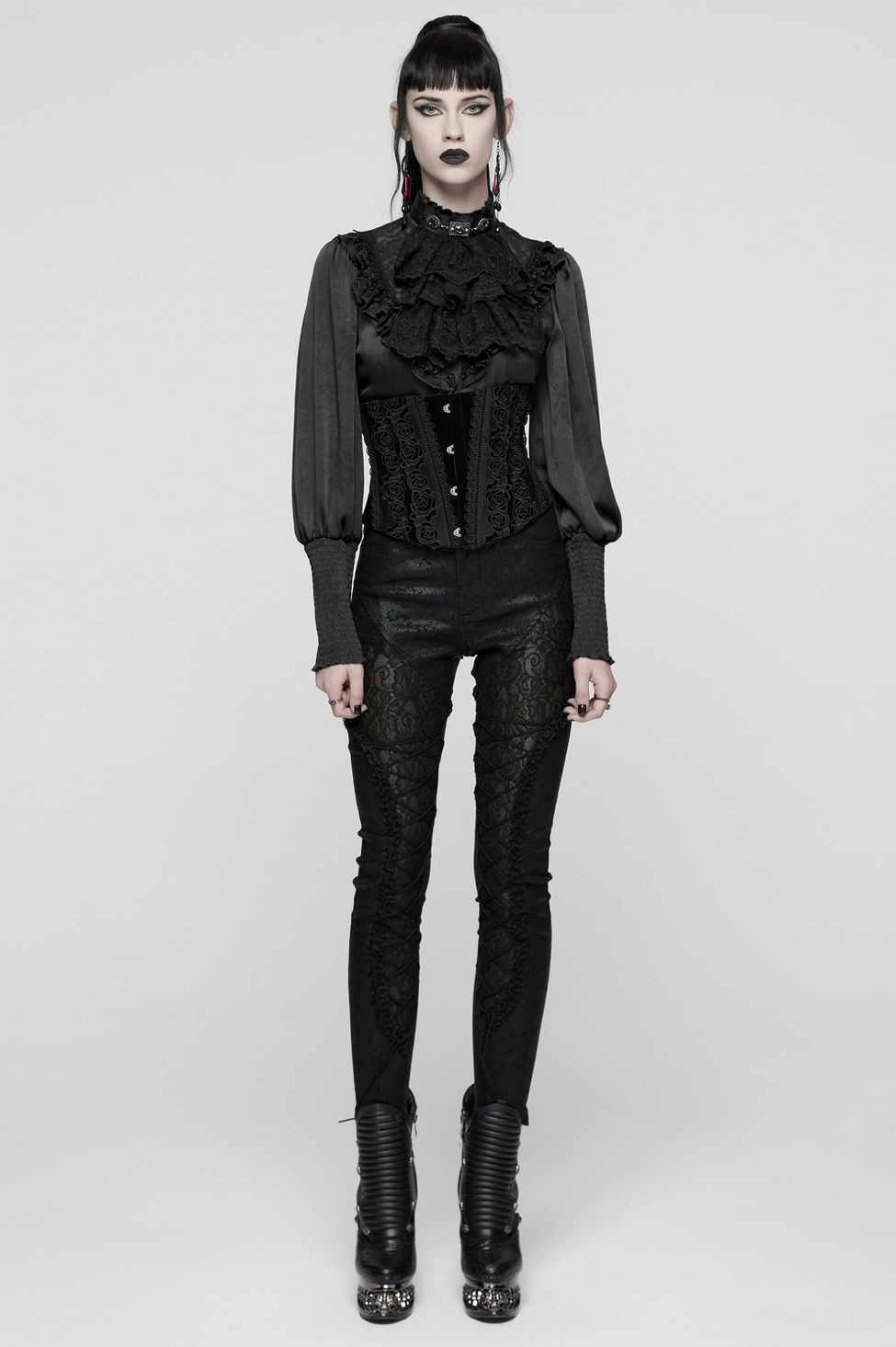 Black gothic velvet corset featuring V-shaped design, rose lace embroidery, and adjustable lace-up back for custom fit