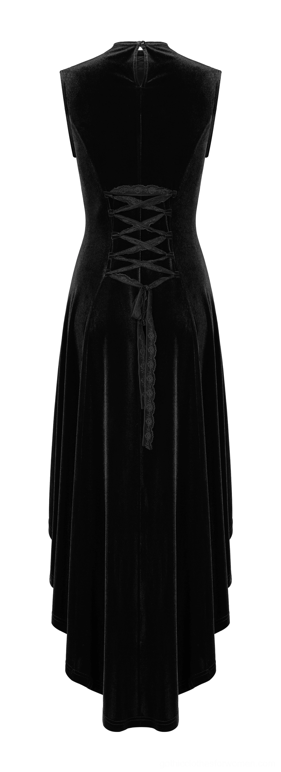 Black gothic velvet dress back flat lay with corset lace-up detail and long velvet hem train