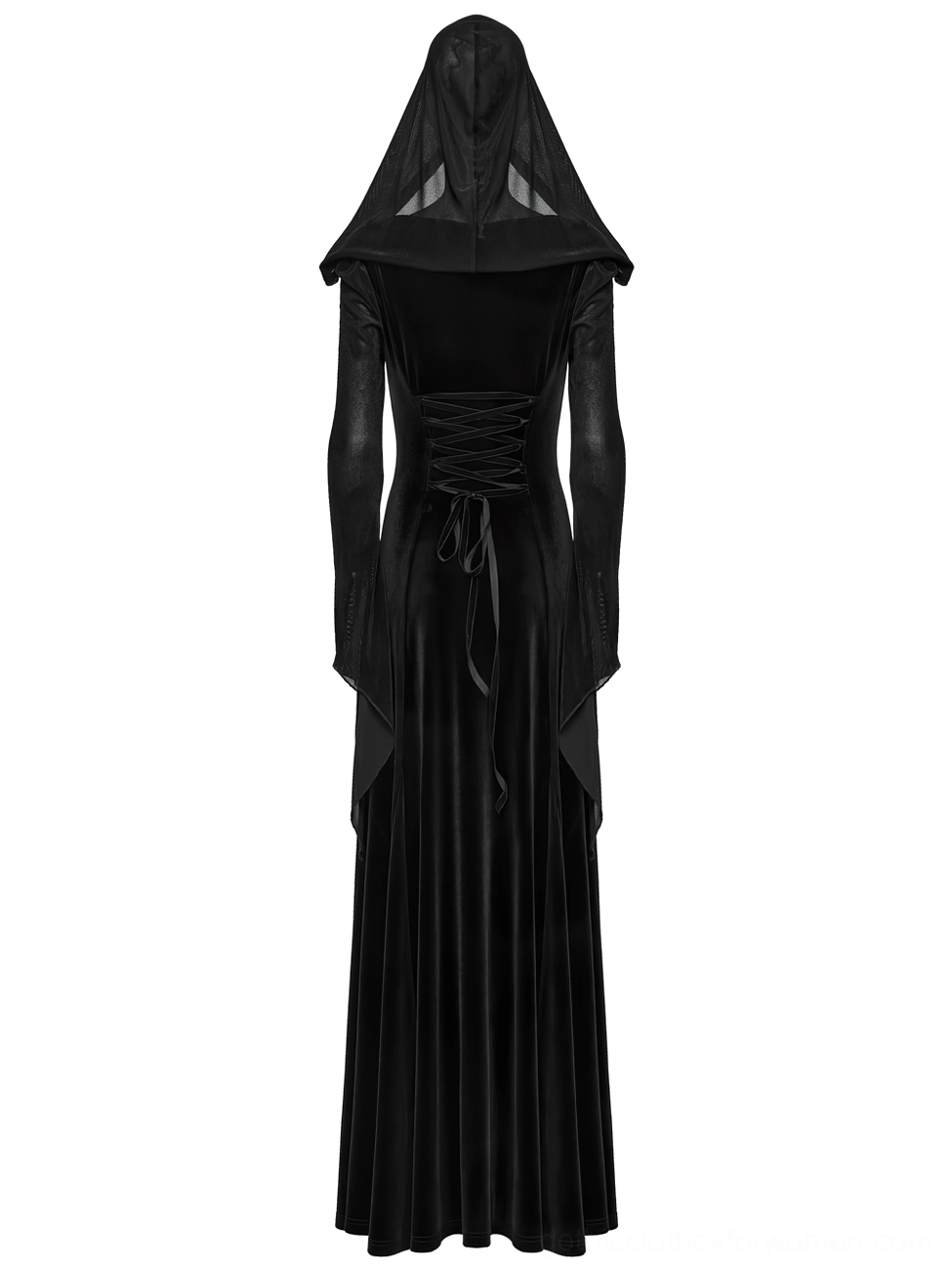 Back view flat lay of black gothic velvet hooded maxi dress showing velvet lace-up corset back, tailored silhouette