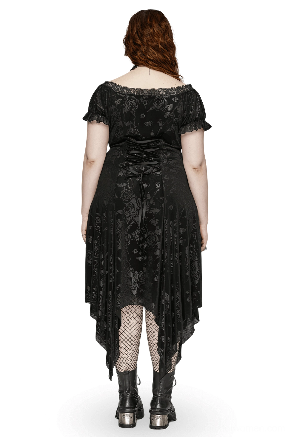 Black gothic asymmetrical velvet dress back view showing lace-up corset back design with ribbon lacing and floral jacquard texture