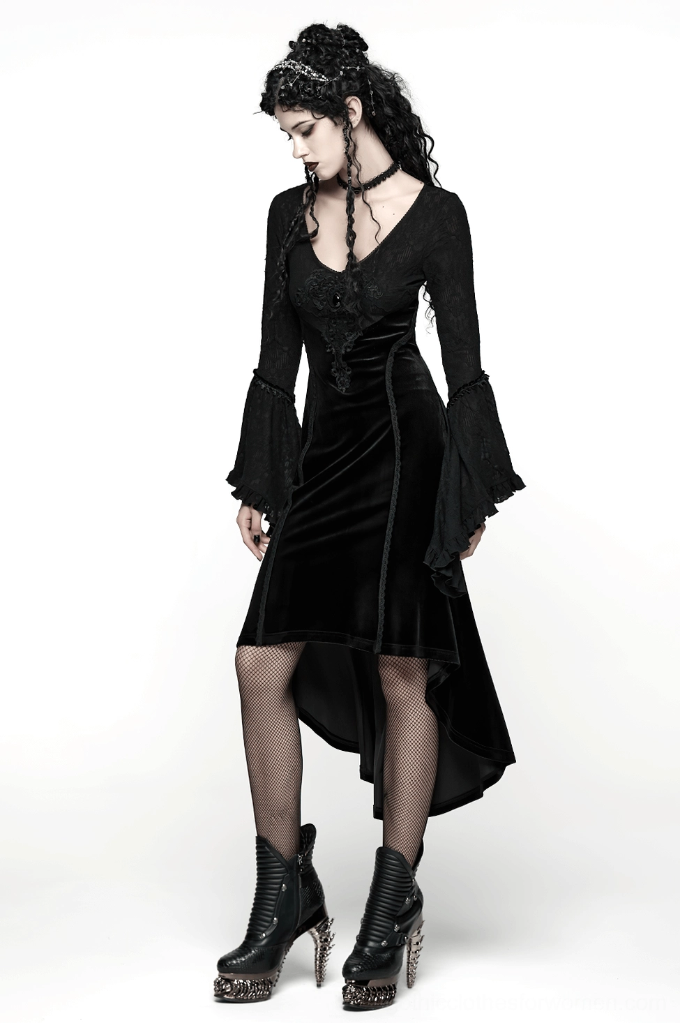 Black gothic velvet high-low dress complete styling with dark accessories, platform boots, and goth aesthetic presentation