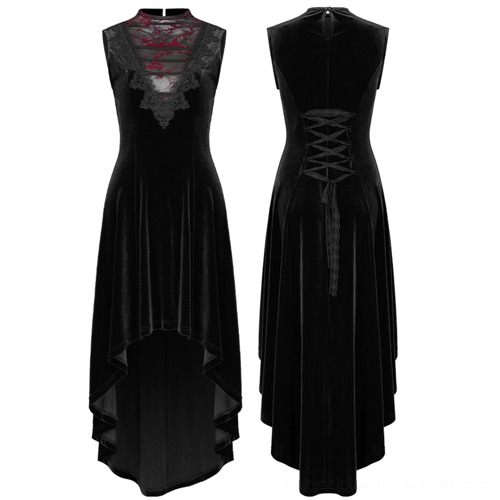 Black velvet mesh gothic dress flat lay front and back display with lace neckline and asymmetrical hem