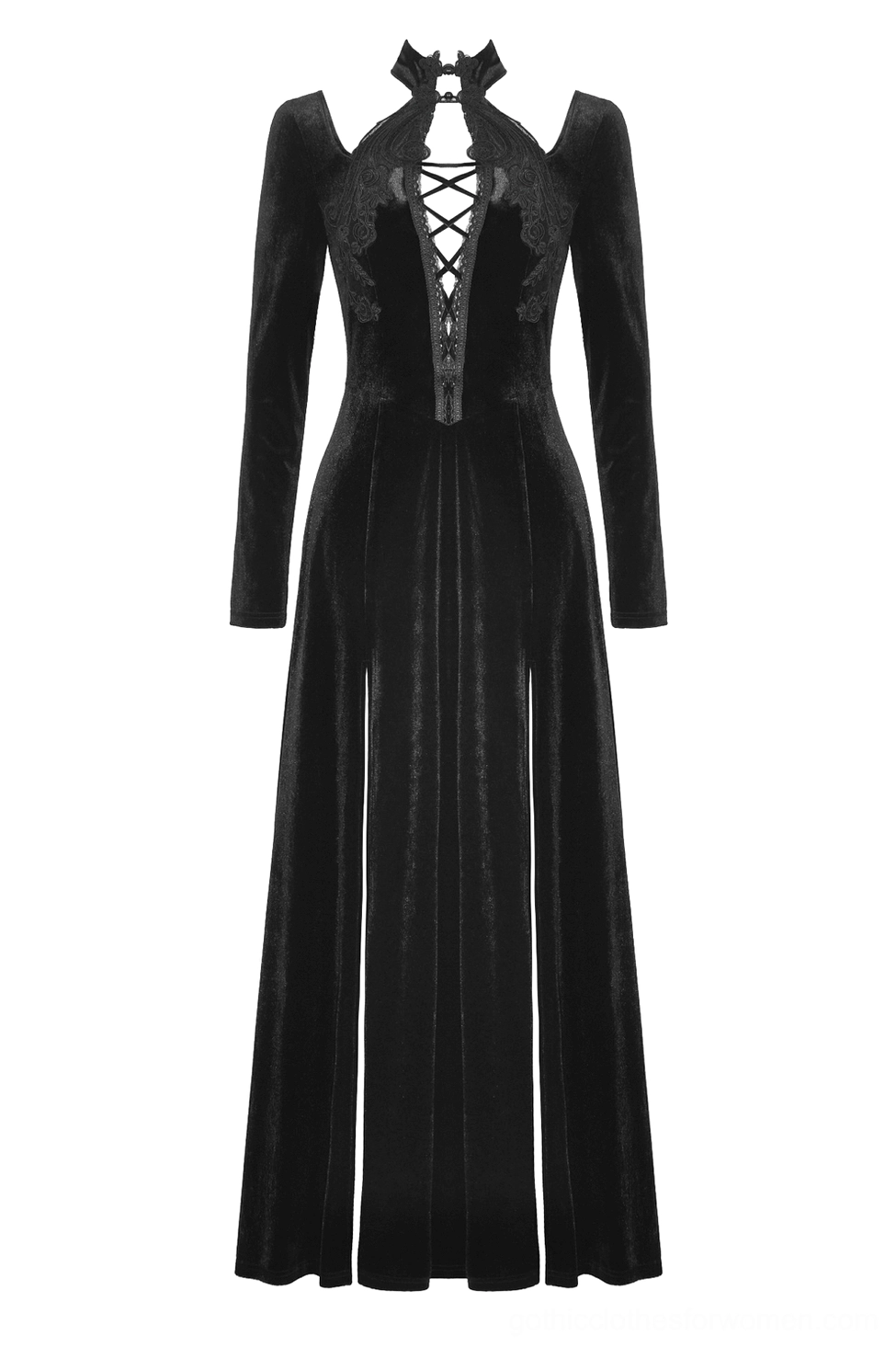 Front flat lay of black velvet gothic dress displaying front lace-up corset design and floral lace embroidery details
