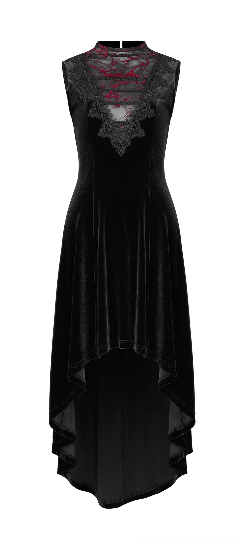 Black gothic velvet sleeveless dress front flat lay with red mesh lace neckline and high-low hemline