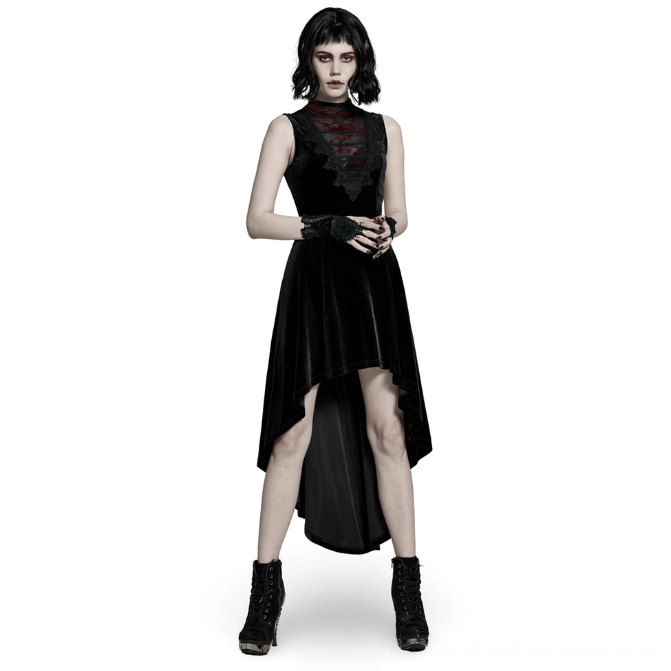 Black velvet mesh gothic sleeveless high-low dress front view worn by model with lace corset back