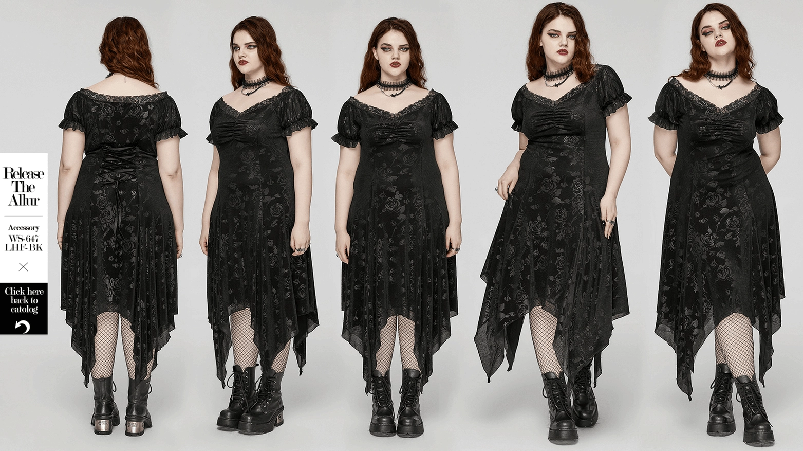 Black gothic velvet asymmetrical dress full-length view displaying lace-up back, asymmetrical hem, and overall gothic aesthetic