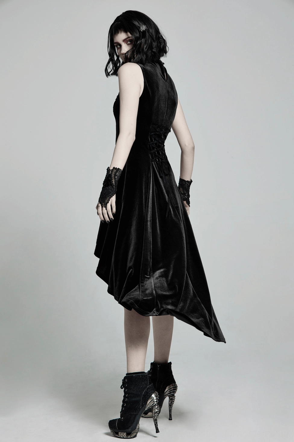Black velvet mesh gothic sleeveless dress full view with red mesh neckline and corset back