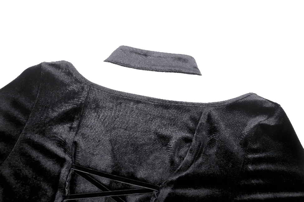 Full-length black gothic velvet lace-up dress featuring dramatic high thigh slit and ruffled lace hem accents