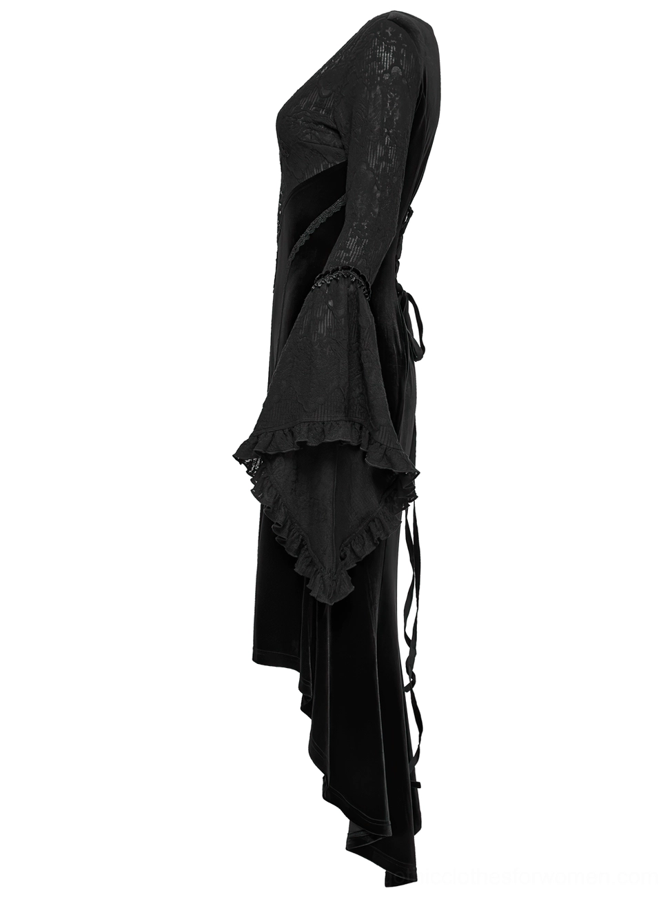 Black gothic velvet dress side profile flat lay showcasing ruffled lace bell sleeves and back corset lace-up detail