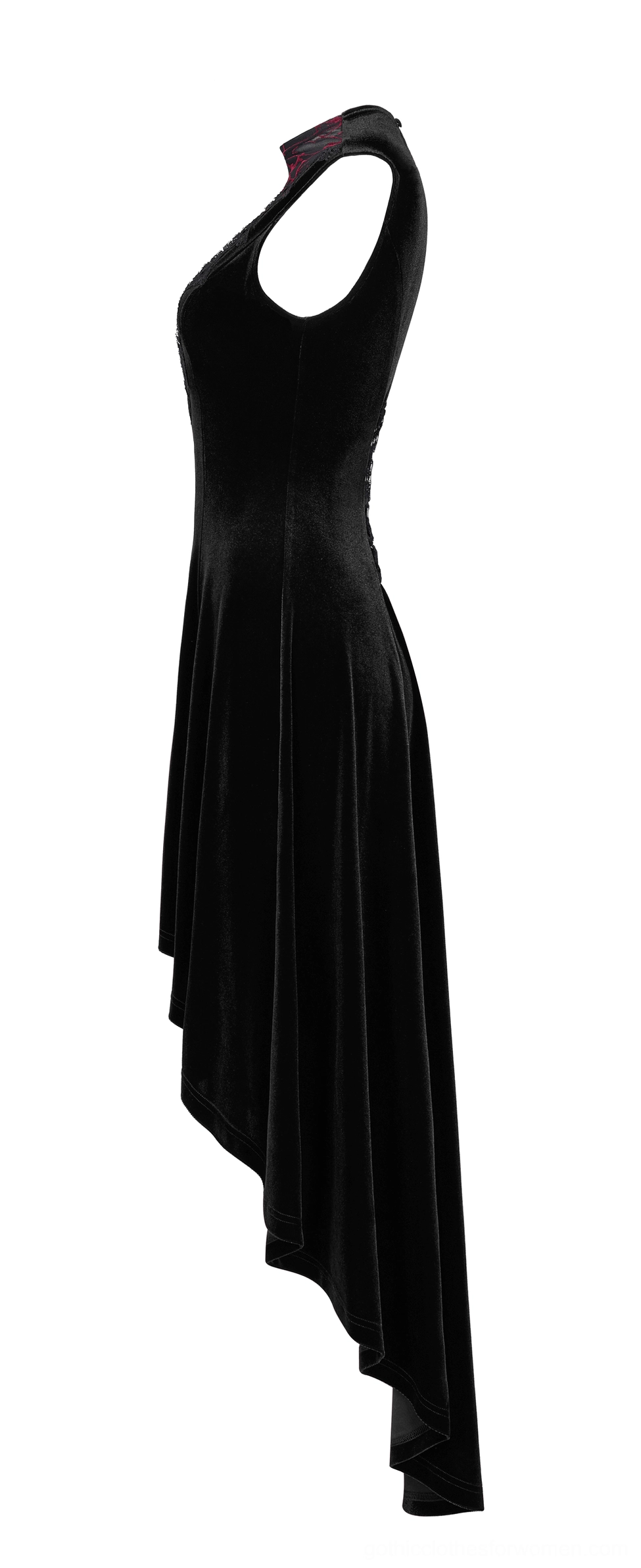 Black velvet mesh gothic dress side profile showing fitted silhouette and irregular high-low hem