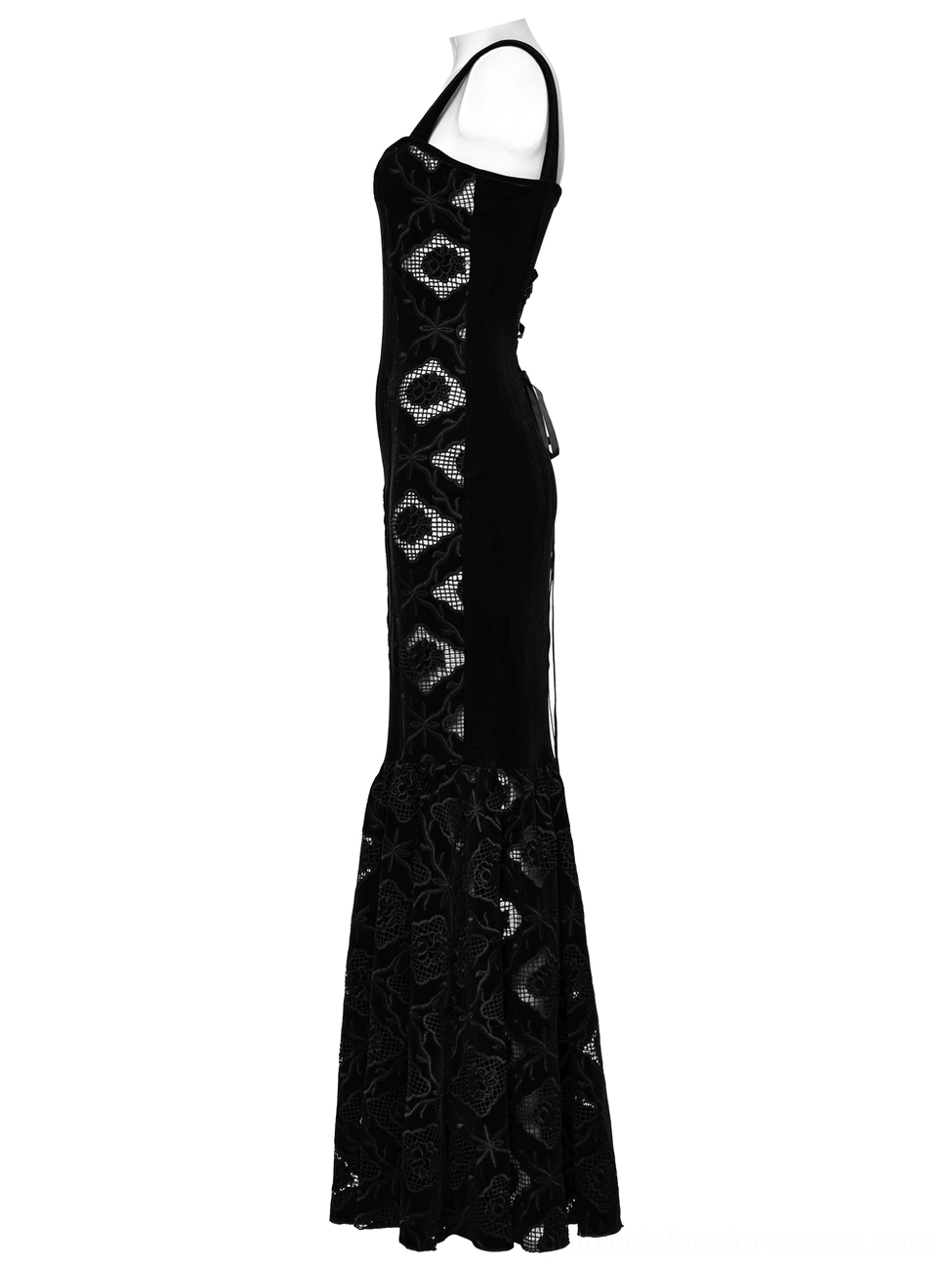 Side profile of black gothic velvet mermaid dress showing geometric lace side details and fitted silhouette